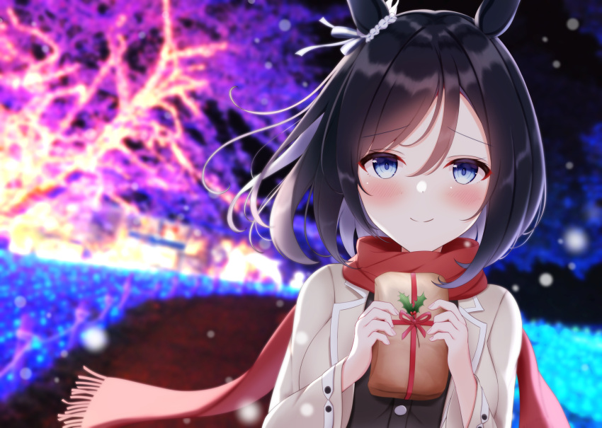 1girl animal_ears bangs black_hair black_shirt blue_eyes bob_cut christmas closed_mouth coat commentary_request dutch_angle ear_scrunchie eishin_flash_(umamusume) fringe_trim gift grey_coat highres holding holding_gift holly horse_ears horse_girl long_sleeves looking_at_viewer michizane_sgawl night outdoors red_scarf scarf scrunchie shirt short_hair smile solo umamusume white_scrunchie wind