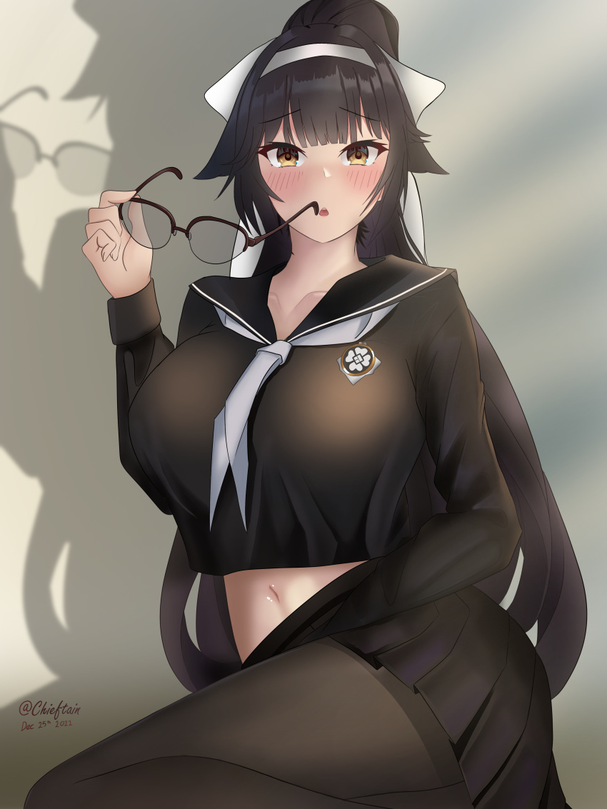 1girl absurdres artist_name azur_lane bespectacled black_hair black_pantyhose black_sailor_collar black_serafuku black_shirt black_skirt blush bow breasts chieftain_art13 collarbone crop_top crop_top_overhang dated glasses hair_bow hair_ears hairband highres holding holding_eyewear large_breasts long_hair long_sleeves midriff_peek miniskirt neckerchief official_alternate_costume pantyhose pleated_skirt sailor_collar school_uniform serafuku shirt simple_background sitting skirt solo takao_(azur_lane) takao_(school_romanza)_(azur_lane) white_bow white_hairband white_neckerchief yellow_eyes