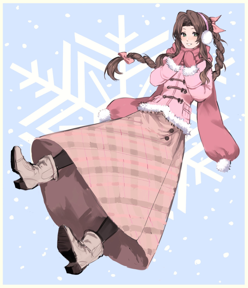 1girl bangs black_pantyhose blue_background boots border bow braid braided_ponytail brown_hair coat dress earmuffs final_fantasy final_fantasy_vii final_fantasy_vii_remake floating full_body fur-trimmed_coat fur_trim green_eyes grey_footwear hair_bow hair_ribbon hands_on_own_chest highres kivavis light_blush long_dress long_hair long_sleeves looking_at_viewer own_hands_together pantyhose parted_bangs parted_lips pink_bow pink_coat pink_mittens pink_ribbon pink_scarf plaid plaid_dress pom_pom_(clothes) ribbon scarf sidelocks smile snow snowflake_background solo teeth wavy_hair white_border winter winter_clothes winter_coat