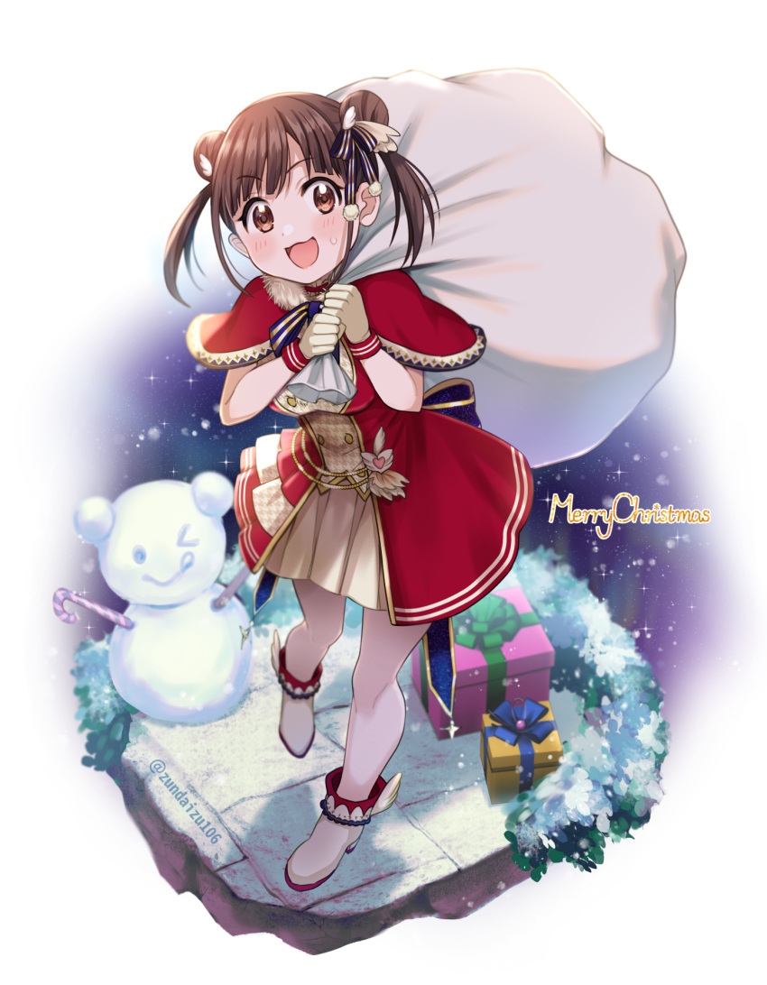 &gt;_o 1girl :d :q bangs blush boots brown_dress brown_gloves brown_hair candy candy_cane christmas commentary double_bun dress food gift gloves hair_bun hair_ornament hands_up highres holding holding_sack idolmaster idolmaster_shiny_colors looking_at_viewer merry_christmas nail_polish one_eye_closed orange_eyes pleated_dress red_dress sack short_twintails smile snowman solo sonoda_chiyoko soramame_tomu tongue tongue_out twintails white_footwear