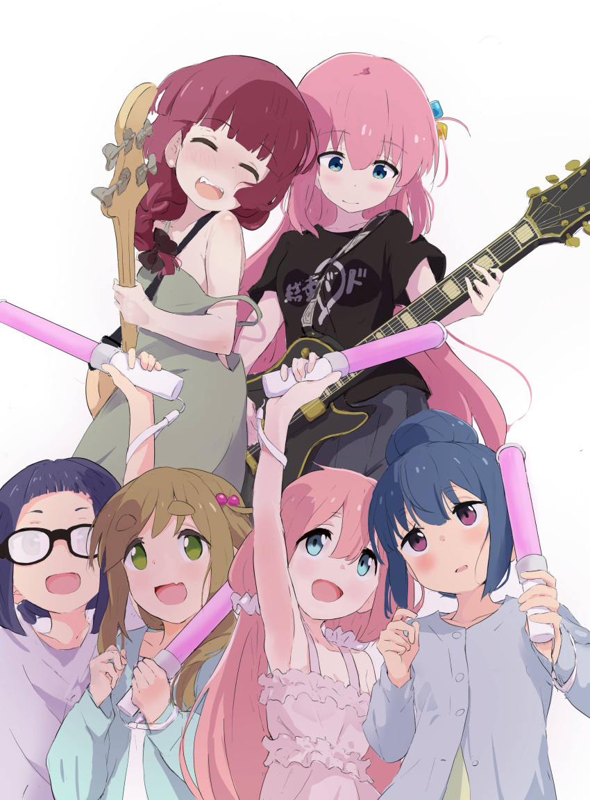 6+girls absurdres bocchi_the_rock! cube_hair_ornament electric_guitar gotou_hitori guitar hair_ornament highres holding holding_instrument instrument inuyama_aoi jacket kagamihara_nadeshiko kagamihara_sakura kita_ikuyo multiple_girls murairamuraiari open_mouth pink_hair shima_rin shirt t-shirt teeth upper_teeth_only yurucamp