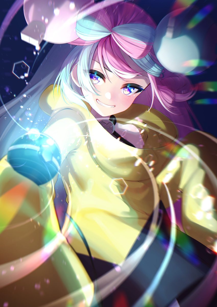 1girl absurdres acchun bangs blurry character_hair_ornament commentary_request green_hair grin hair_ornament highres holding_tera_orb iono_(pokemon) jacket long_hair pink_hair pokemon pokemon_(game) pokemon_sv smile solo tera_orb upper_body violet_eyes yellow_jacket