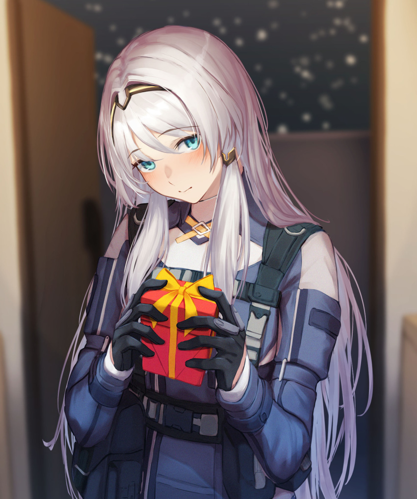 1girl 3_small_spiders an-94_(girls'_frontline) aqua_eyes aqua_hair blurry blurry_background box christmas_present gift gift_box girls_frontline gloves hairband highres holding holding_gift long_hair looking_at_viewer open_door tactical_clothes upper_body