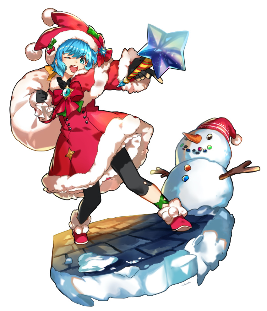 1girl ;d absurdres bangs black_gloves black_leggings blue_eyes blue_hair bow brooch capelet christmas commentary dress fur-trimmed_capelet fur-trimmed_dress fur-trimmed_footwear fur_trim gloves hair_bow hat hat_bow hat_ornament highres holding holding_sack holding_wand jewelry leggings long_sleeves looking_at_viewer medium_dress n-bata one_eye_closed open_mouth orange_bow original over_shoulder red_bow red_capelet red_dress red_footwear sack santa_dress santa_hat shoes short_hair simple_background smile snowman solo standing star_(symbol) star_hat_ornament stone_floor wand white_background