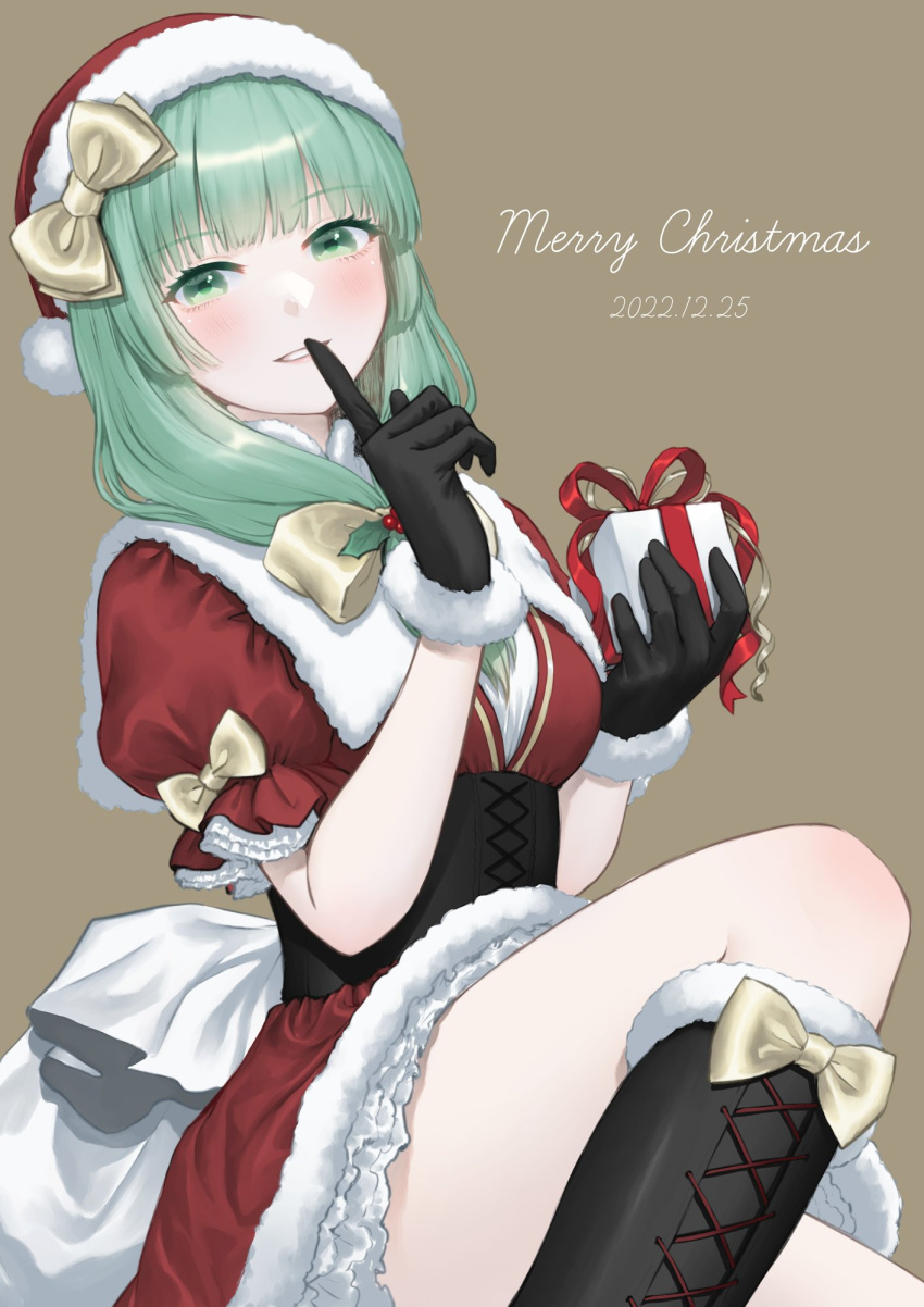 1girl black_footwear black_gloves boots bow box brown_background christmas cross-laced_footwear dated finger_to_mouth front_ponytail gift gift_box gloves green_eyes green_hair hair_bow hat highres holding holding_gift kageharu kagiyama_hina knee_boots long_hair merry_christmas pom_pom_(clothes) puffy_short_sleeves puffy_sleeves red_headwear sack santa_costume santa_hat short_sleeves simple_background smile solo touhou yellow_bow