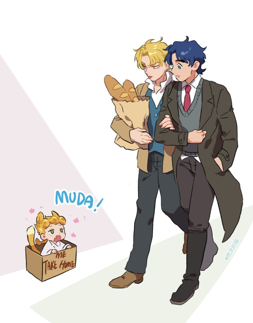 3boys :p aged_down animal_ears arm_hug bag baguette black_pants blonde_hair blue_eyes blue_hair boots box bread cat_boy cat_ears cat_tail coat dio_brando food full_body giorno_giovanna green_eyes highres holding holding_bag honlo in_box in_container jacket jojo_no_kimyou_na_bouken jonathan_joestar long_hair long_sleeves looking_at_another male_focus multiple_boys necktie open_mouth pants paper_bag red_necktie shirt tail tongue tongue_out vest walking white_shirt