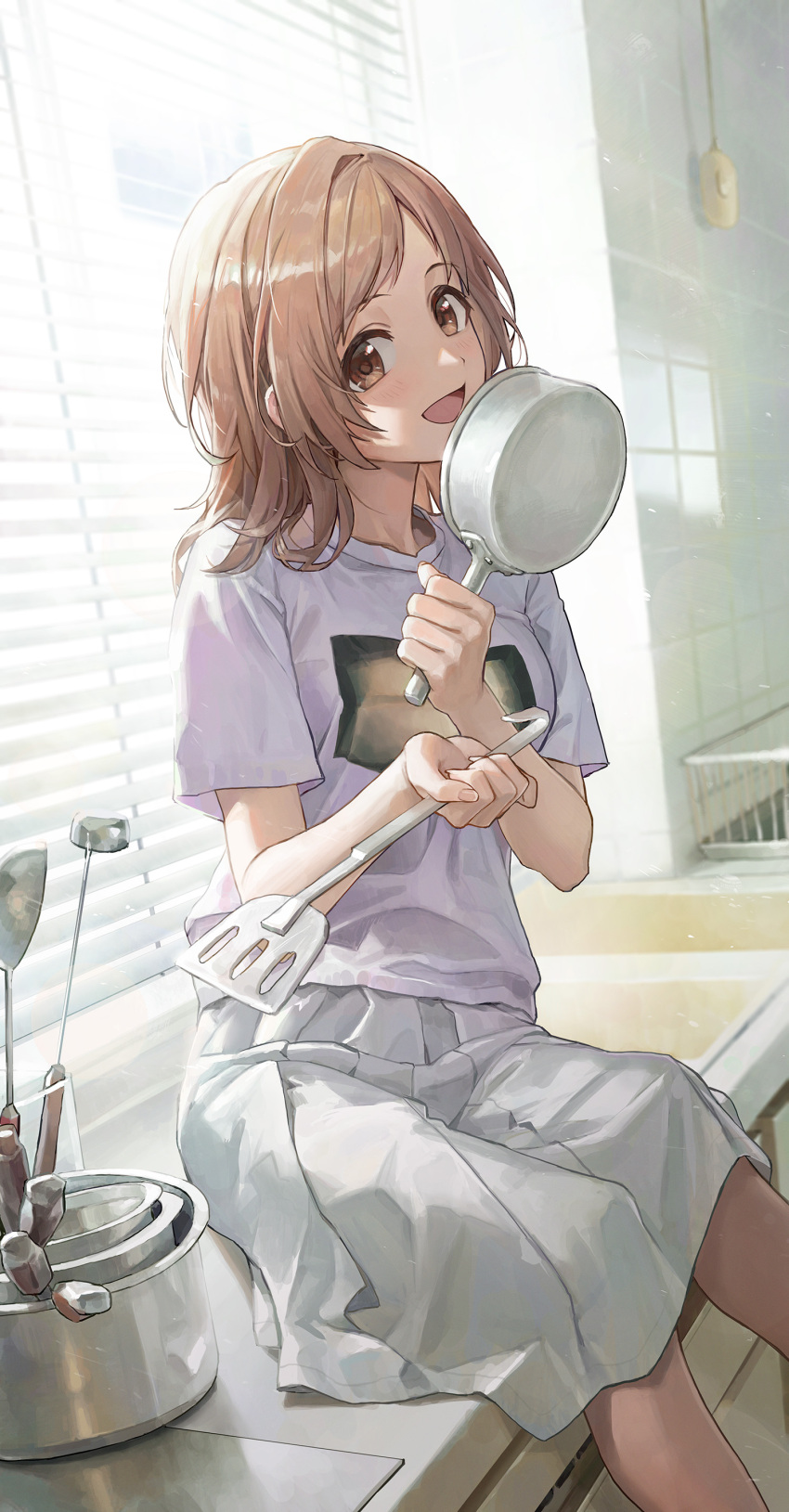 1girl :d absurdres bangs basket blinds breasts brown_eyes brown_hair counter feet_out_of_frame from_side hand_up happy head_tilt highres holding holding_saucepan holding_spatula holding_utensil idolmaster idolmaster_shiny_colors indoors kitchen ladle long_hair medium_breasts on_counter open_mouth parted_bangs pink_shirt sakuragi_mano saucepan shirt short_sleeves sidelocks sitting skirt smile solo spatula t-shirt tile_wall tiles utensil white_skirt yinrain0023