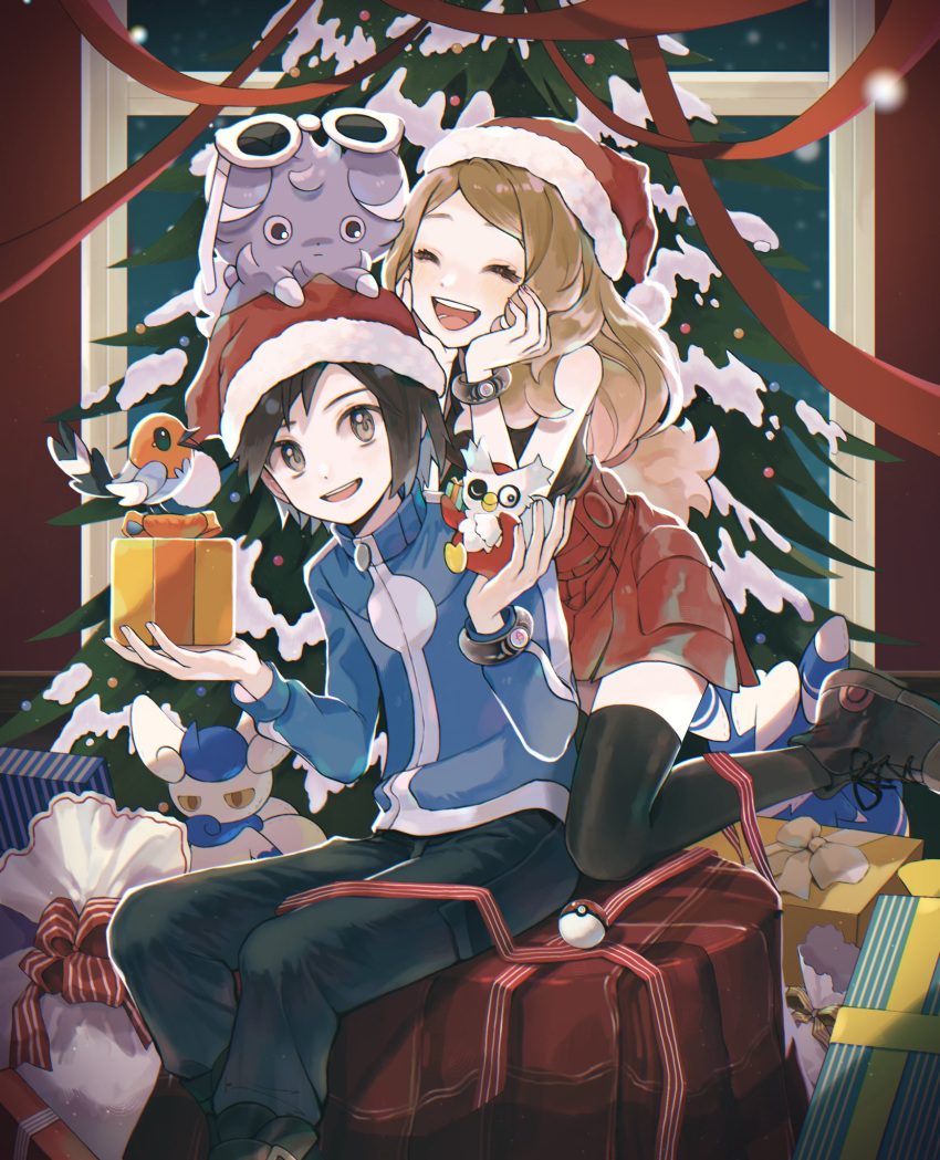 1boy 1girl :d blue_jacket box calem_(pokemon) christmas christmas_tree closed_eyes commentary delibird espurr fletchling gift gift_box hat highres jacket long_hair long_sleeves on_head open_mouth pokemon pokemon_(creature) pokemon_(game) pokemon_on_head pokemon_xy red_headwear red_ribbon red_skirt ribbon santa_hat serena_(pokemon) shirt shoes short_hair sitting skirt sleeveless sleeveless_shirt smile teeth thigh-highs tongue tyou08665851 upper_teeth_only