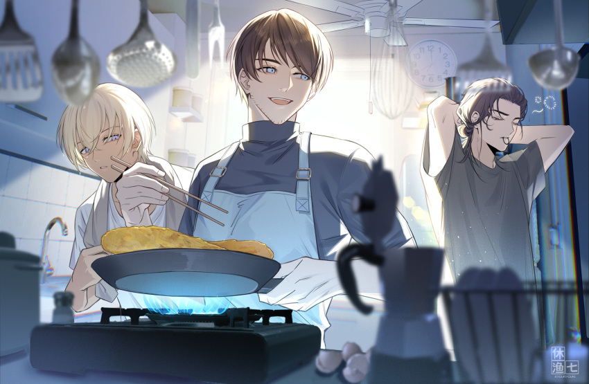 3boys :d adjusting_hair akai_shuuichi alternate_hairstyle amuro_tooru analog_clock apron arms_behind_head artist_logo artist_name bangs black_hair black_shirt blonde_hair blue_apron blurry casual ceiling_fan chopsticks clock closed_eyes commentary_request cooking depth_of_field eggshell facial_hair faucet food_request frying_pan hair_tie hair_tie_in_mouth hands_up highres holding holding_chopsticks holding_frying_pan indoors kitchen ladle looking_down looking_to_the_side male_focus meitantei_conan mouth_hold multiple_boys open_mouth parted_lips plate scotch_(meitantei_conan) sevenaklausv shirt short_hair short_sleeves smile spatula stove stubble teeth tile_wall tiles towel towel_around_neck tying_hair upper_teeth_only wall_clock whisk
