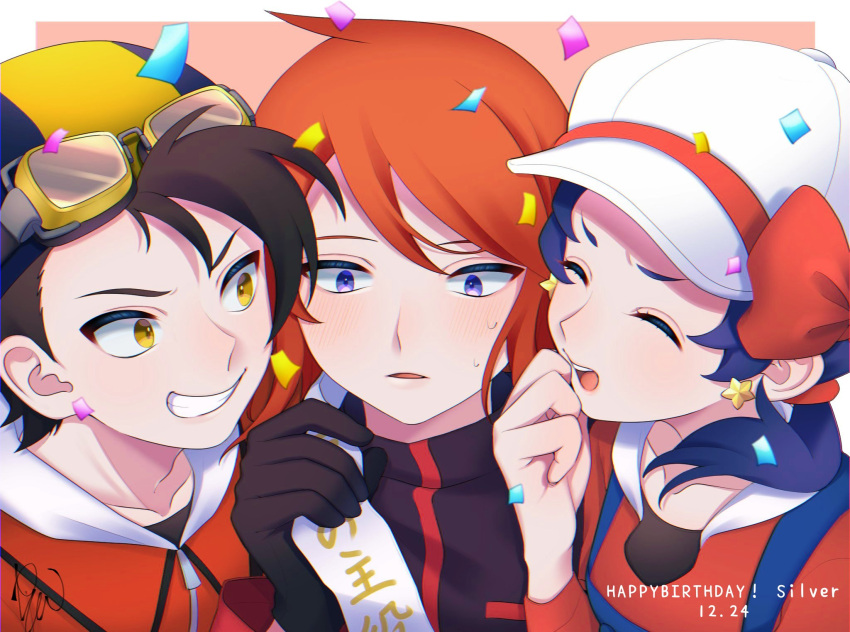 1girl 2boys backwards_hat bangs blue_overalls blush brown_hair closed_eyes commentary_request confetti cowlick ethan_(pokemon) gloves goggles goggles_on_headwear grin hana_e_(ka_e0128) hat highres holding jacket kris_(pokemon) multiple_boys open_mouth overalls pokemon pokemon_adventures red_jacket shirt short_hair silver_(pokemon) smile sweat teeth violet_eyes white_headwear yellow_eyes