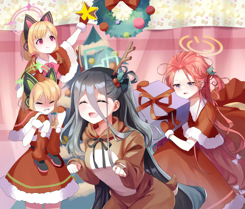 4girls :p absurdres ajeu914 alternate_costume animal_costume animal_ear_headphones animal_ears antlers aris_(blue_archive) blue_archive carrying carrying_over_shoulder carrying_person cat_ear_headphones christmas christmas_tree fake_animal_ears gift halo headphones highres midori_(blue_archive) momoi_(blue_archive) multiple_girls on_shoulder reindeer_antlers reindeer_costume santa_costume siblings sisters sitting_on_shoulder smile star_(symbol) tongue tongue_out twins yuzu_(blue_archive)