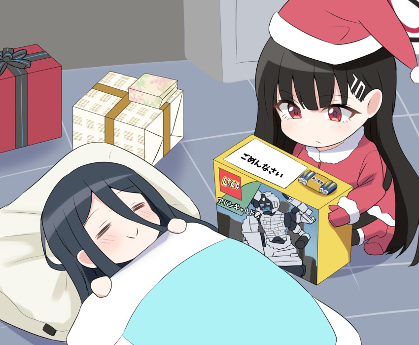 2girls aris_(blue_archive) black_hair blanket blue_archive blush box closed_eyes closed_mouth gift gift_box hair_between_eyes hat highres holding holding_box long_hair long_sleeves lying multiple_girls on_back pillow red_eyes red_footwear red_headwear red_mittens rio_(blue_archive) santa_costume santa_hat sleeping smile squatting thershr6s under_covers very_long_hair