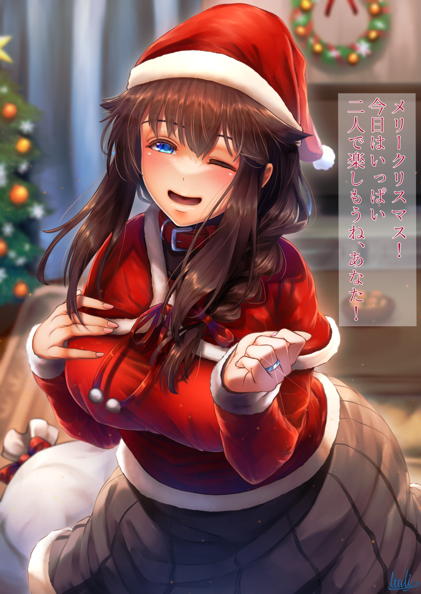 1girl absurdres ahoge alternate_costume black_skirt blue_eyes blurry blurry_background braid breasts brown_hair capelet christmas fur-trimmed_capelet fur-trimmed_headwear fur-trimmed_sleeves fur_trim hair_flaps hair_over_shoulder hat highres indoors jacket jewelry kantai_collection large_breasts long_sleeves medium_skirt one_eye_closed pleated_skirt red_capelet red_headwear red_jacket ring santa_hat shigure_(kancolle) shigure_kai_ni_(kancolle) single_braid skirt solo translation_request tsui_(kojiya) wedding_ring