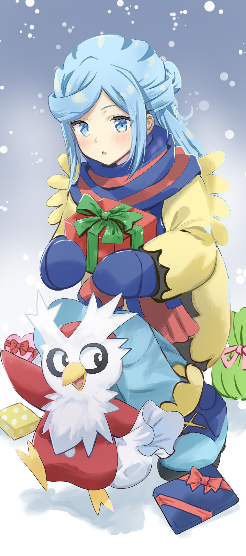 1boy :o absurdres aisu_(icicleshot) blue_eyes blue_footwear blue_hair blue_mittens blush boots box commentary_request delibird gift gift_box grusha_(pokemon) highres holding jacket long_hair long_sleeves male_focus outdoors pants parted_lips pokemon pokemon_(creature) pokemon_(game) pokemon_sv snowing squatting yellow_jacket