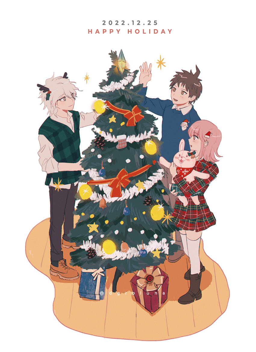 1girl 2boys :d alternate_costume alternate_hair_ornament bangs black_bow black_pants blue_sweater boleum_(dgrpluna) bow box brown_eyes brown_footwear brown_hair christmas_ornaments christmas_tree danganronpa_(series) danganronpa_2:_goodbye_despair dated ear_bow gift gift_box grey_hair happy_holidays hat highres hinata_hajime komaeda_nagito medium_hair mini_hat mini_santa_hat miniskirt monomi_(danganronpa) multiple_boys nanami_chiaki open_mouth pants plaid plaid_shirt plaid_skirt plaid_vest red_bow red_shirt red_skirt santa_hat shiny shiny_hair shirt shoes skirt smile sparkle standing sweater vest white_shirt