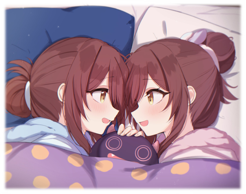 2girls arakumachikano bangs bed bed_sheet blush debi_tarou eye_contact face-to-face facing_another forehead-to-forehead from_above futon hair_between_eyes hair_bun hair_ribbon heads_together idolmaster idolmaster_shiny_colors long_hair looking_at_another lying multiple_girls official_alternate_costume official_alternate_hairstyle on_bed on_side open_mouth osaki_amana osaki_tenka pajamas pillow redhead ribbon siblings single_hair_bun sisters smile stuffed_toy swept_bangs twins under_covers yellow_eyes