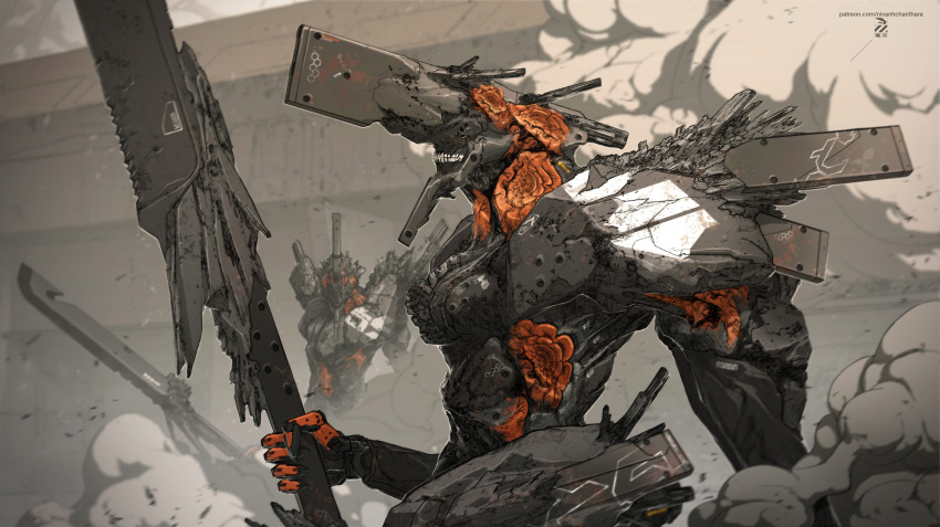 absurdres clenched_teeth english_commentary from_side highres holding holding_polearm holding_weapon making-of_available mecha nivanh_chanthara no_humans original polearm robot science_fiction smoke solo_focus teeth upper_body weapon