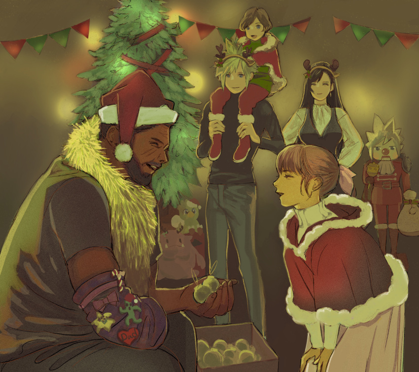 2girls 3boys antlers bangs barret_wallace black_hair blonde_hair boots breasts brown_hair capelet carrying_over_shoulder chocobo christmas christmas_lights christmas_ornaments christmas_tree closed_eyes cloud_strife dark-skinned_male dark_skin denzel earrings facial_hair family female_child final_fantasy final_fantasy_vii final_fantasy_vii_advent_children fur-trimmed_boots fur-trimmed_capelet fur-trimmed_headwear fur_trim hair_ribbon hairband hat highres indoors jewelry large_breasts long_hair long_sleeves looking_at_another male_child marlene_wallace moogle multiple_boys multiple_girls open_mouth pants pink_ribbon red_footwear red_headwear red_pants reindeer_antlers ribbon sabotender santa_costume santa_hat short_hair single_earring smile spiky_hair swept_bangs tifa_lockhart tori_(labyrinth_fft) turtleneck