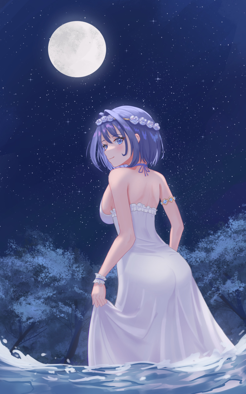 1girl ass blue_eyes blue_hair blush bracelet breasts butt_crack clothes_lift dress dress_lift head_wreath highres hololive jewelry looking_at_viewer moon moonlight night onair ouro_kronii sideboob smile star_(sky) tree virtual_youtuber water white_dress