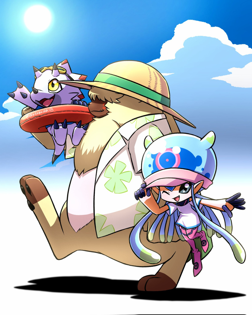 1girl ;d adjusting_clothes adjusting_headwear angoramon black_eyes blue_hair boots brown_headwear carrying carrying_person commentary_request day digimon digimon_(creature) digimon_ghost_game fang from_side gammamon goggles goggles_on_head hair_over_eyes hand_on_headwear hand_up happy hat hawaiian_shirt highres horns innertube jellymon long_hair one_eye_closed open_clothes open_mouth open_shirt outdoors pink_footwear pink_headwear print_shirt shadow shirt short_sleeves smile tentacle_hair thigh_boots tongue visor_cap walking watagashikn white_shirt yellow_eyes