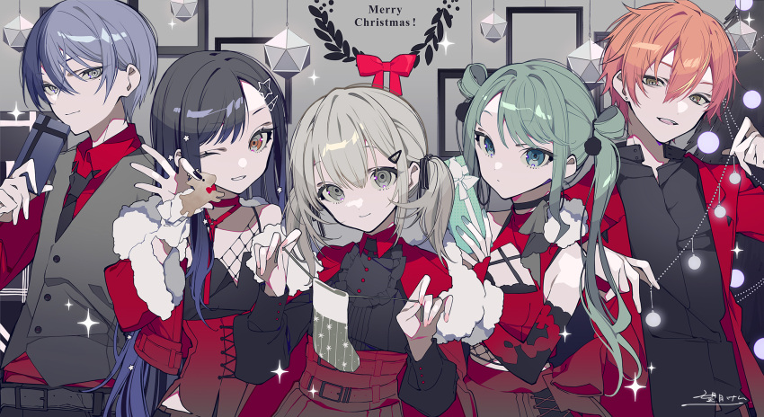 2boys 3girls bangs black_choker black_hair black_nails blonde_hair blue_eyes blue_hair choker christmas_stocking cookie earrings expressionless food gift gradient_hair green_hair green_nails grey_eyes grin hair_between_eyes hair_ornament hairclip hatsune_miku highres holding holding_gift jewelry light_blue_hair long_hair looking_at_viewer merry_christmas mochizuki_kei multicolored_hair multiple_boys multiple_girls nail_polish necktie official_art orange_eyes orange_hair picture_frame pink_nails project_sekai red_ribbon ribbon second-party_source short_twintails sidelocks signature smile split-color_hair twintails upper_body vivid_bad_squad_(project_sekai) yellow_eyes