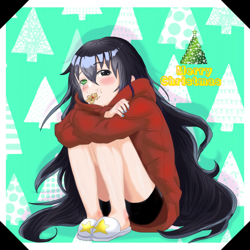 akwaro_bemien christmas christmas_tree cookie eating food happy_holidays heterochromia highres holiday kat_yuusha legs long_hair merry_christmas original red_sweater sitting sweater