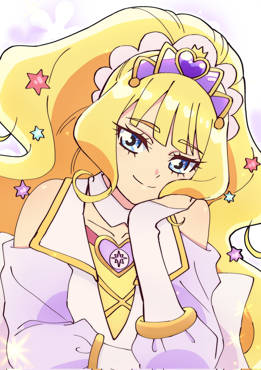 1girl bangs blonde_hair blue_eyes bridal_gauntlets brooch choker cure_finale delicious_party_precure hair_ornament hand_on_own_cheek hand_on_own_face heart_brooch highres itou_noel jewelry kasai_amane long_hair magical_girl precure smile solo star_(symbol) star_hair_ornament tiara white_choker wide_ponytail