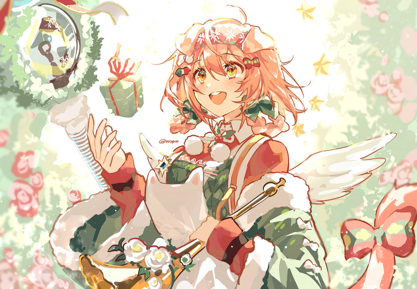 1girl :d animal_ears apron arknights bangs bow box braid capelet cat_ears commentary english_commentary feathered_wings flower fur-trimmed_capelet fur_trim gift gift_box goldenglow_(arknights) goldenglow_(night_loving_servant)_(arknights) green_bow green_capelet hair_between_eyes hair_bow hair_rings hairband highres holding holding_instrument instrument long_sleeves looking_away narugrm orb pink_hair red_flower red_hairband red_rose red_sweater rose sleeves_past_wrists smile solo star_(symbol) sweater teeth trumpet twin_braids upper_body upper_teeth_only white_apron white_wings wings yellow_eyes