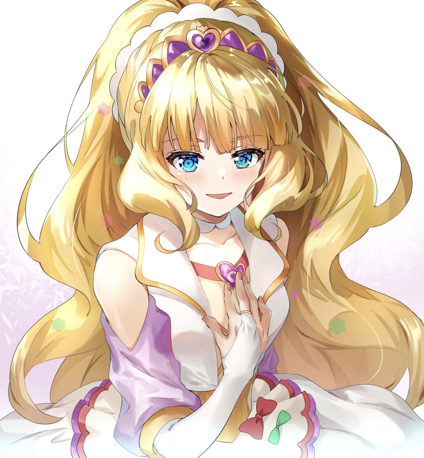 1girl bangs blonde_hair blue_eyes blunt_bangs blush bridal_gauntlets brooch choker commentary cure_finale delicious_party_precure hand_on_own_chest heart_brooch high_ponytail highres jewelry kasai_amane long_hair magical_girl muginome_(bakuga_chan2) open_mouth precure sidelocks smile solo white_choker wide_ponytail