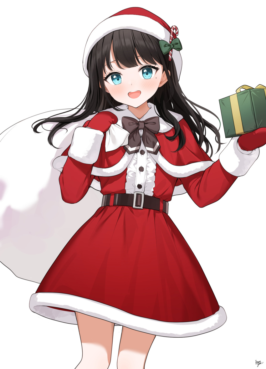 1girl :d belt belt_buckle black_belt black_bow black_hair blue_eyes blush bow box buckle capelet center_frills dress frills fur-trimmed_capelet fur_trim gift gift_box hat highres holding holding_gift holding_sack long_hair long_sleeves looking_at_viewer mittens mole mole_under_eye original red_capelet red_dress red_headwear red_mittens sack santa_costume santa_hat simple_background smile solo takenoko_no_you teeth upper_teeth_only white_background