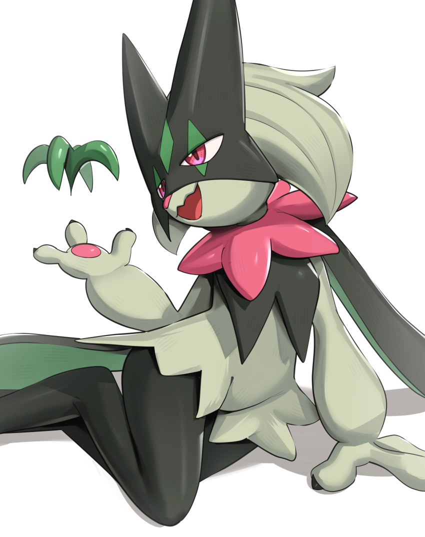 1other :d arm_support claws commentary_request furry gonzarez highres meowscarada open_mouth pink_eyes pokemon pokemon_(creature) simple_background smile solo white_background