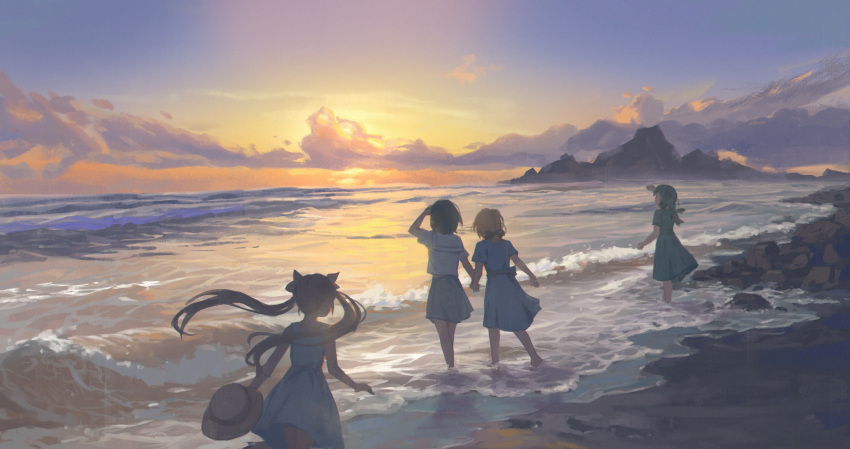 4girls arm_up black_hair blonde_hair clouds commentary_request dress floating_hair green_dress hat hat_removed headwear_removed highres holding holding_clothes holding_hat hyxifeng long_hair multiple_girls ocean original outdoors sailor_collar shirt shore short_sleeves skirt sky sleeveless sleeveless_dress standing sunset twilight twintails wading water white_shirt