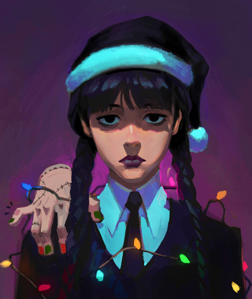 1girl addams_family bangs black_eyes black_hair black_headwear black_jacket black_necktie blunt_bangs braid christmas christmas_lights collared_shirt hat highres jacket julia_shii looking_at_viewer necktie nevermore_academy_school_uniform purple_background santa_hat school_uniform shirt solo straight-on thing_(addams_family) twin_braids wednesday_(netflix) wednesday_addams white_shirt