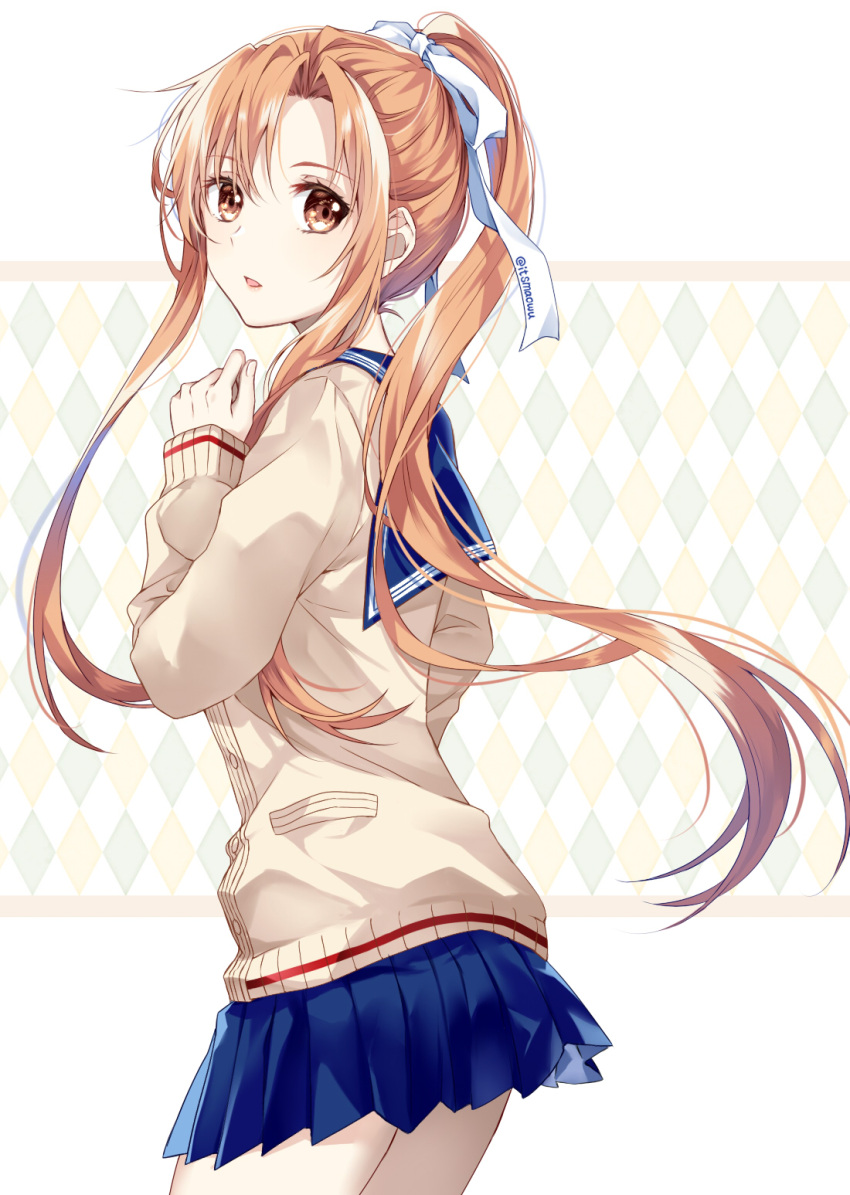 1girl argyle argyle_background asuna_(sao) asymmetrical_bangs bangs blue_sailor_collar blue_skirt brown_eyes brown_hair brown_sweater cowboy_shot facing_to_the_side from_side hair_ribbon hand_up highres istriri long_sleeves looking_at_viewer official_alternate_costume official_alternate_hairstyle open_mouth pleated_skirt ponytail ribbon sailor_collar sidelocks skirt solo sweater sword_art_online sword_art_online:_memory_defrag twitter_username white_background white_ribbon