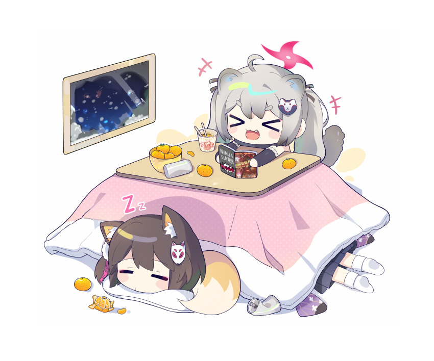 &gt;_&lt; :3 :d absurdres ahoge animal_ears blue_archive chibi closed_eyes fang food fox_ears fox_tail fruit highres izuna_(blue_archive) kotatsu mandarin_orange michiru_(blue_archive) ngawa noodles ramen sleeping smile table tail tsukuyo_(blue_archive) zzz