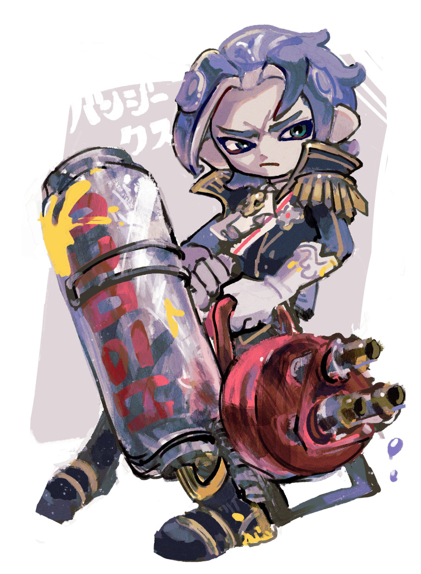 1boy absurdres ace_attorney ascot bangs barok_van_zieks black_jacket blue_hair closed_mouth crossover full_body gloves highres holding holding_weapon jacket long_sleeves male_focus octoling octoling_boy pants reba_(akeruna) scar scar_on_face short_hair solo splatoon_(series) tentacle_hair the_great_ace_attorney weapon white_ascot white_gloves