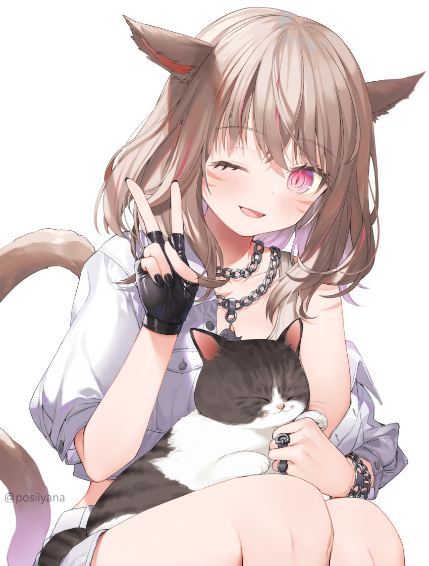 1girl :d ;d absurdres animal_ears animal_on_lap avatar_(ff14) black_gloves brown_hair cat cat_ears cat_girl cat_on_lap cat_tail chain_necklace final_fantasy final_fantasy_xiv gloves highres jewelry looking_at_viewer medium_hair miqo'te multicolored_hair multiple_rings necklace off_shoulder on_lap one_eye_closed open_mouth pendant pink_eyes pink_hair ring short_sleeves smile streaked_hair tail v yana_mori