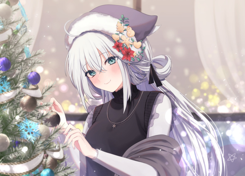 1girl ahoge animal_ear_fluff animal_ears bangs black_bow black_headwear black_sweater blurry blurry_background blush bow christmas_tree commentary_request decorating fox_ears fox_girl fox_tail fujishima02 green_eyes grey_shirt hair_between_eyes hair_bow hair_ornament highres hololive indoors jewelry light_particles long_hair looking_at_viewer necklace pentagram shirakami_fubuki shirt sidelocks sleeveless sleeveless_sweater smile solo sweater tail virtual_youtuber white_hair