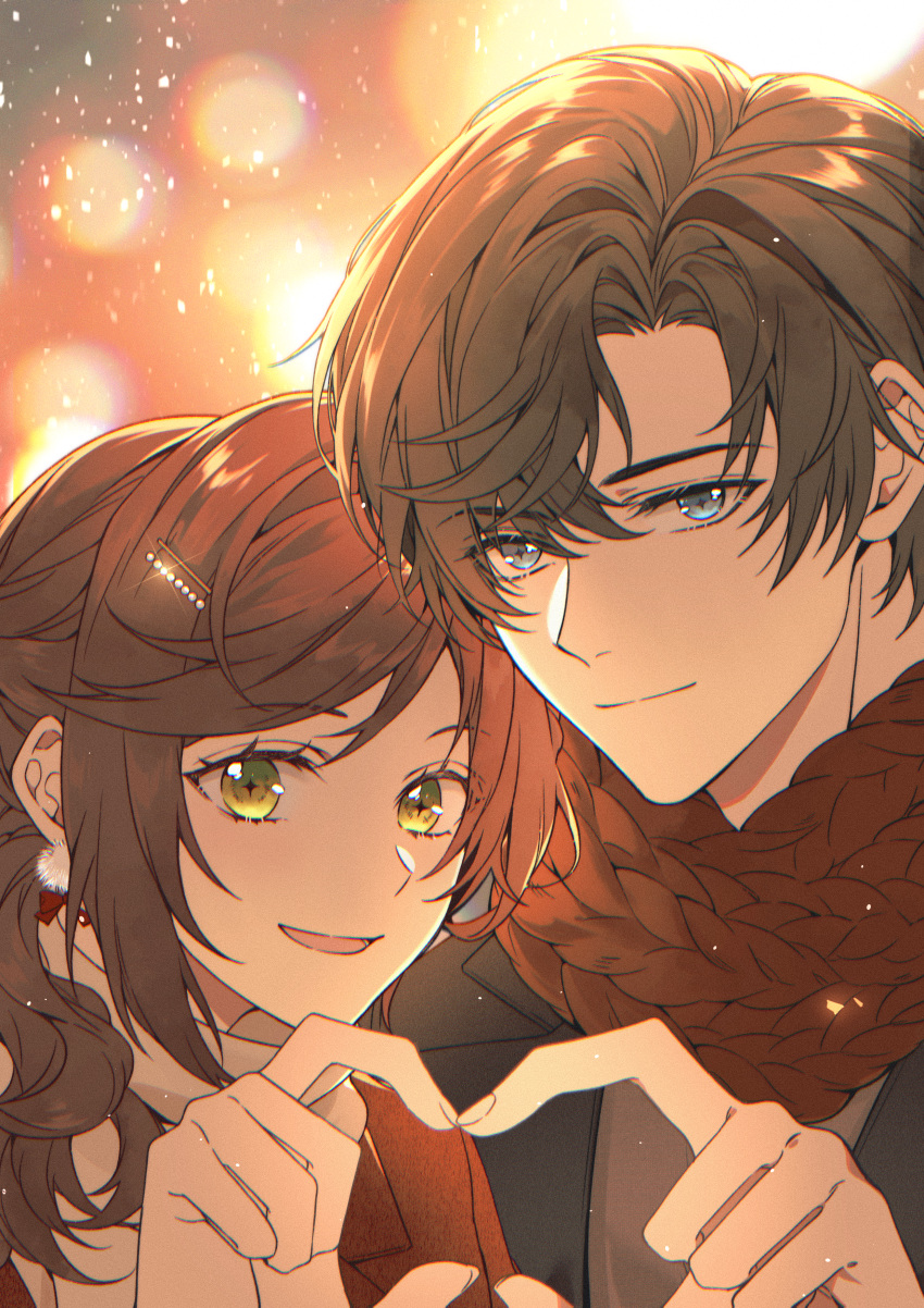 1boy 1girl :d absurdres artem_wing_(tears_of_themis) bangs black_jacket blue_eyes brown_hair closed_mouth earrings green_eyes heart heart_hands heart_hands_duo highres jacket jewelry jiukuzi18797 long_hair long_sleeves looking_at_viewer open_mouth red_jacket red_scarf rosa_(tears_of_themis) scarf short_hair smile tears_of_themis upper_body