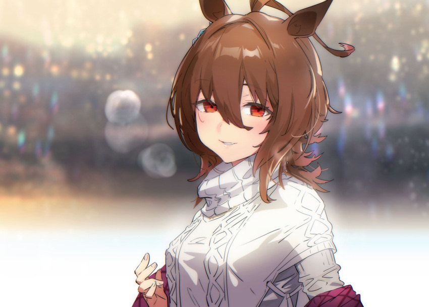 1girl absurdres agnes_tachyon_(umamusume) ahoge alternate_costume animal_ears bangs blurry blurry_background bokeh breasts depth_of_field hair_between_eyes highres horse_ears light_blush long_hair parted_lips red_eyes small_breasts solo sweater turtleneck turtleneck_sweater umamusume upper_body white_sweater yanyo_(ogino_atsuki)