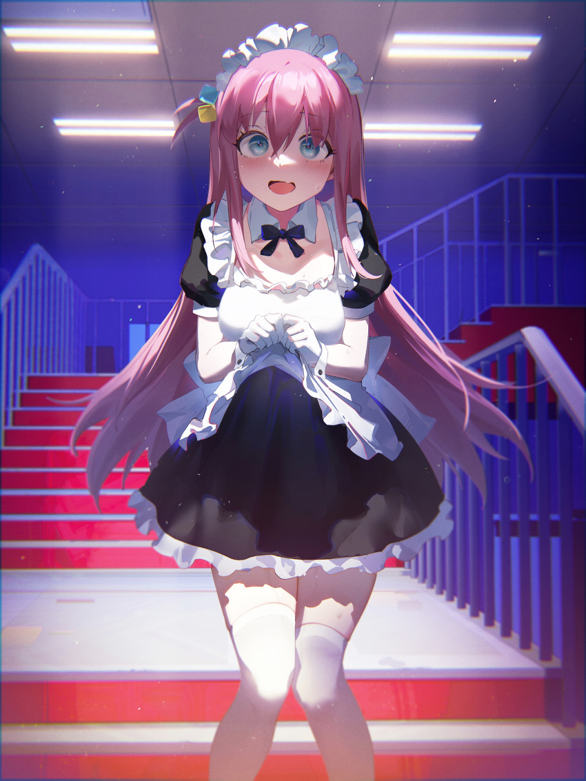1girl absurdres apron apron_lift bangs black_dress black_ribbon blue_eyes blush bocchi_the_rock! breasts ceiling_light cube_hair_ornament detached_collar dress frilled_apron frills gloves gotou_hitori hair_between_eyes hair_ornament highres indoors juliet_sleeves knees_together_feet_apart lifted_by_self long_hair long_sleeves looking_at_viewer maid maid_apron maid_headdress mixed-language_commentary neck_ribbon official_alternate_costume open_mouth pink_hair puffy_sleeves ribbon short_sleeves solo stairs sweatdrop thigh-highs white_gloves white_thighhighs white_wrist_cuffs ying_yi