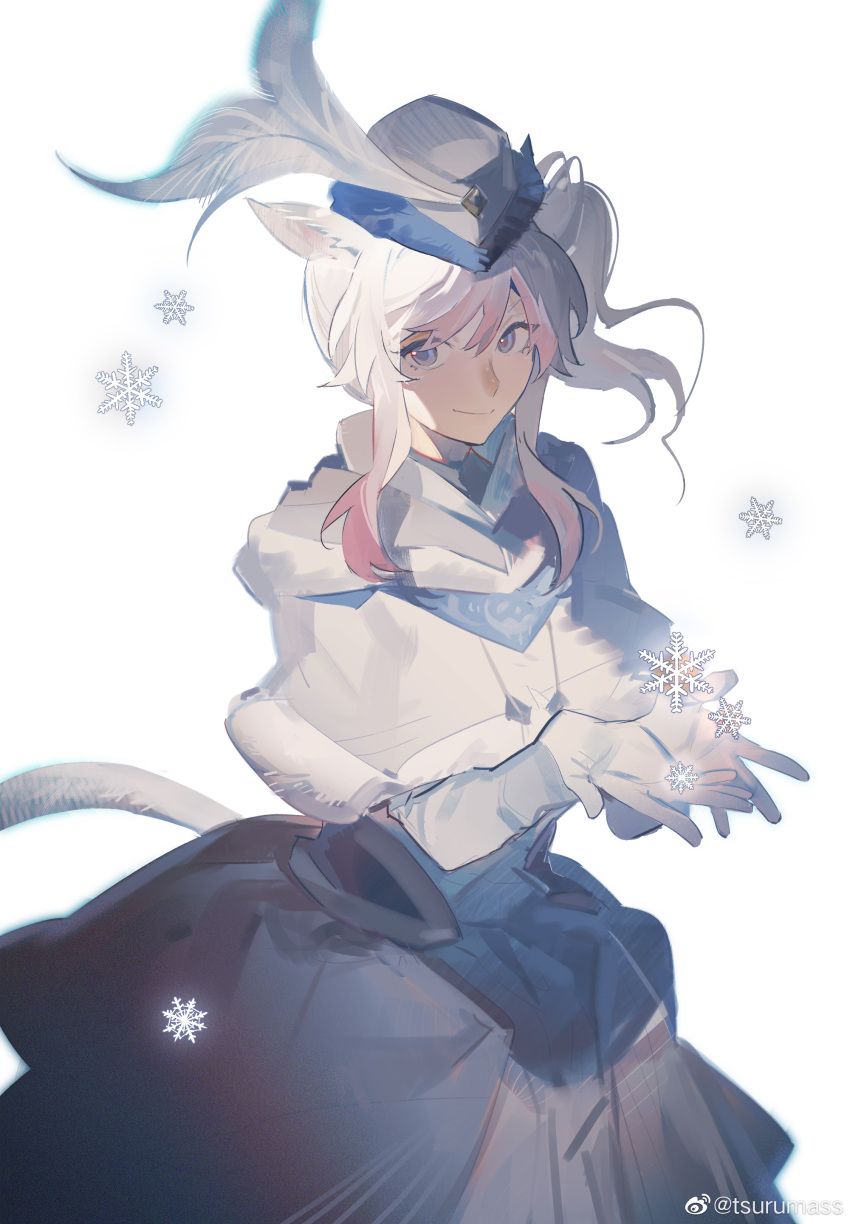 1girl absurdres animal_ears avatar_(ff14) bangs capelet cat_ears cat_girl cat_tail dress feathers feet_out_of_frame final_fantasy final_fantasy_xiv gloves gradient_hair grey_eyes hair_between_eyes hat highres looking_at_viewer miqo'te multicolored_hair pink_hair side_ponytail smile snowflakes solo tail tsurumass weibo_logo weibo_username white_background white_hair