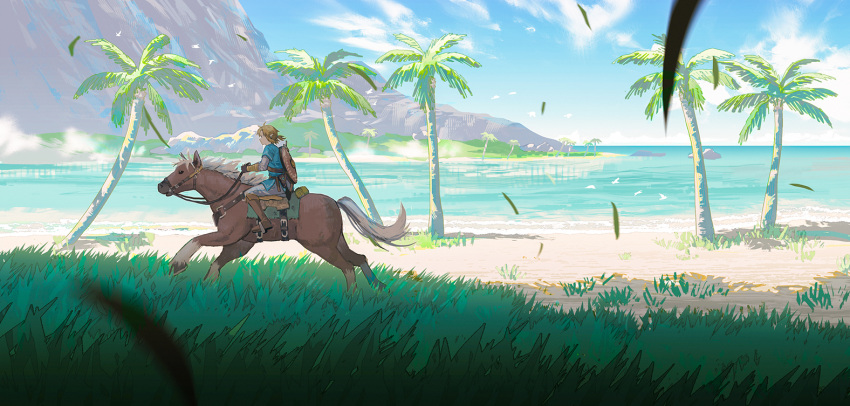 1boy amemura_(caramelo) blonde_hair boots day grass horse horseback_riding link mountain ocean outdoors palm_tree pants riding shield shirt sidelocks solo sword the_legend_of_zelda the_legend_of_zelda:_breath_of_the_wild tree water weapon