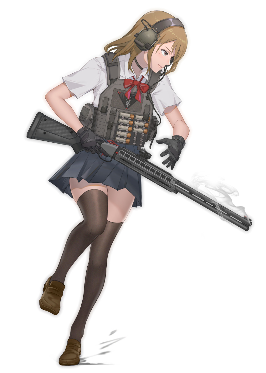 1girl absurdres ammunition bangs black_gloves black_thighhighs bow bowtie brown_eyes brown_footwear brown_hair cable chinese_text choker collared_shirt ear_protection full_body gloves grey_eyes grey_skirt grey_vest gun highres holding holding_gun holding_weapon leg_up loafers long_hair looking_to_the_side medium_hair microphone optical_sight original plate_carrier pleated_skirt pouch red_bow red_bowtie shirt shoes shotgun simple_background skirt smoke solo somnuss thigh-highs triangle trigger_discipline turning_head vest weapon white_background white_shirt