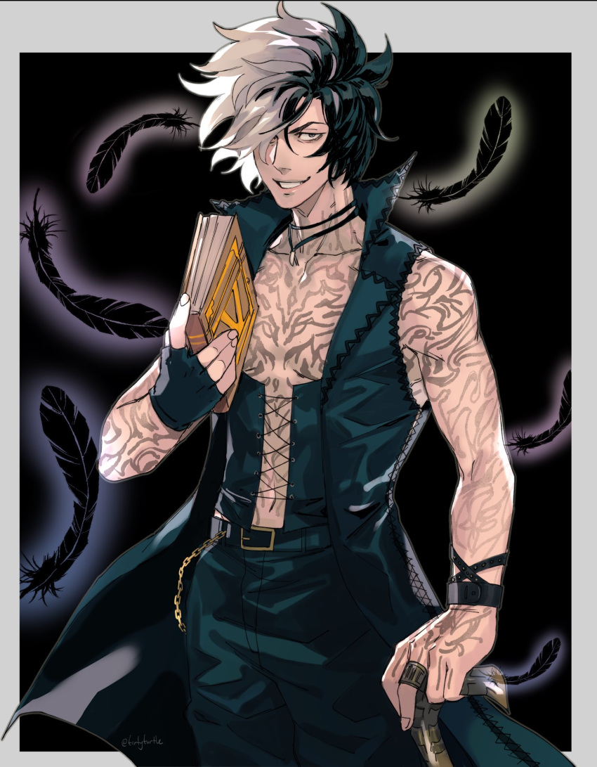 1boy bare_shoulders belt black_hair book cane devil_may_cry_(series) devil_may_cry_5 feathers fingerless_gloves full-body_tattoo gloves grey_eyes grin hair_over_one_eye highres holding holding_book jewelry looking_at_viewer male_focus multicolored_hair necklace ring single_glove smile solo split-color_hair tattoo tirtyturtle v_(devil_may_cry) white_hair wind