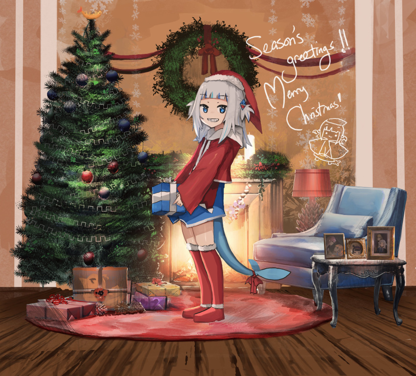absurdres advarcher bangs blue_eyes blue_hair blue_hoodie blunt_bangs box candle christmas christmas_tree christmas_wreath commentary couch english_commentary english_text fireplace fish_tail from_side full_body gawr_gura gift gift_box grey_hair grin hair_ornament hat highres holding holding_gift hololive hololive_english holomyth hood hoodie indoors lamp long_sleeves looking_at_viewer merry_christmas mori_calliope multicolored_hair multiple_girls ninomae_ina'nis no_pants ornament picture_frame pinecone red_carpet red_footwear red_ribbon red_socks ribbon santa_costume santa_hat shark_girl shark_hair_ornament shark_tail shrimp sleeves_past_wrists smile snowflake_print snowflakes socks solo_focus standing streaked_hair table tail takanashi_kiara two_side_up watson_amelia wooden_floor zettai_ryouiki