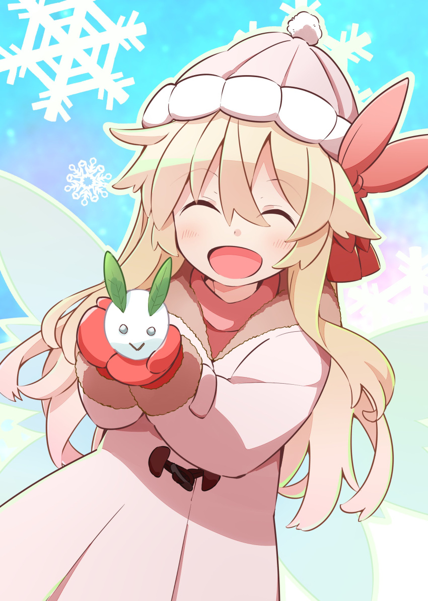 1girl :d ^_^ absurdres alternate_costume alternate_headwear bangs beanie blonde_hair closed_eyes coat facing_viewer fairy fairy_wings hair_between_eyes hat highres lily_white long_hair long_sleeves mittens open_mouth pom_pom_(clothes) red_mittens smile snow_bunny snowflakes solo touhou white_coat white_headwear wings yutamaro