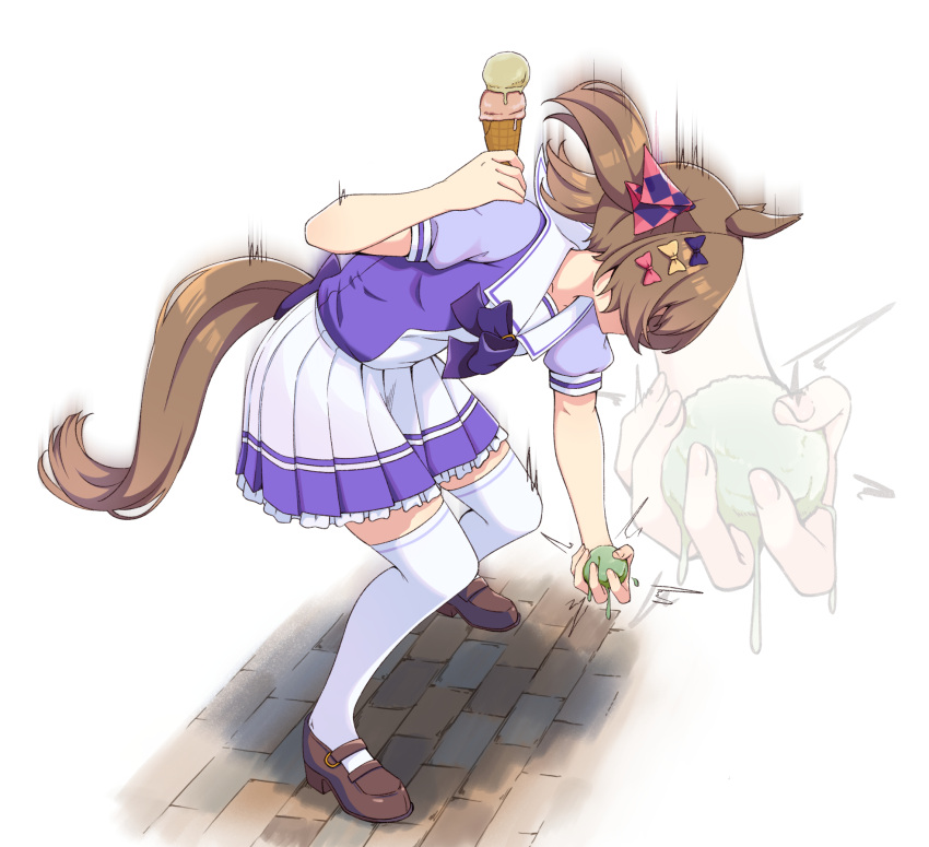 1girl animal_ears bow bowtie brown_footwear brown_hair food full_body hair_bow highres holding_ice_cream horse_ears horse_girl horse_tail ice_cream ice_cream_cone ice_cream_cone_spill medium_hair motsutoko purple_shirt sailor_collar shirt shoes skirt smart_falcon_(umamusume) solo speed_lines tail thigh-highs twintails umamusume white_skirt white_thighhighs zoom_layer