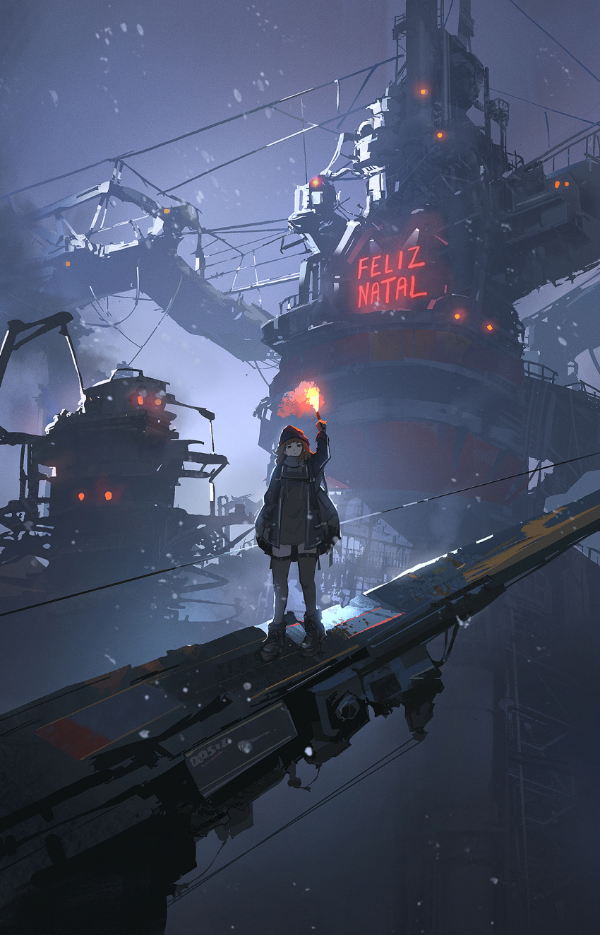 1girl arm_up beanie black_dress black_headwear black_jacket boots brown_hair building dress flare hat highres holding industrial jacket medium_hair natal original outdoors qosic science_fiction solo standing thigh-highs