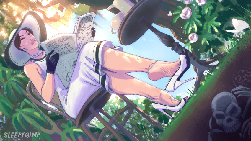 1girl black_gloves black_hair bug butterfly carmilla_le_fey cup dress garden gloves hat high_heels highres holding holding_newspaper newspaper sitting skeleton sleepygimp table teacup watermark white_dress white_headwear